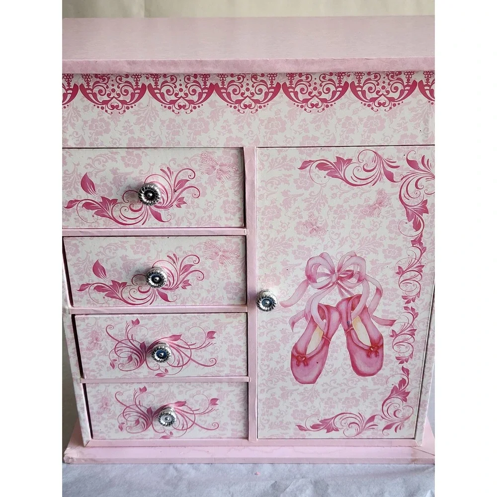 Ballerina Musical Jewelry Box Pink Damask Ballet Slippers Drawers Carousel